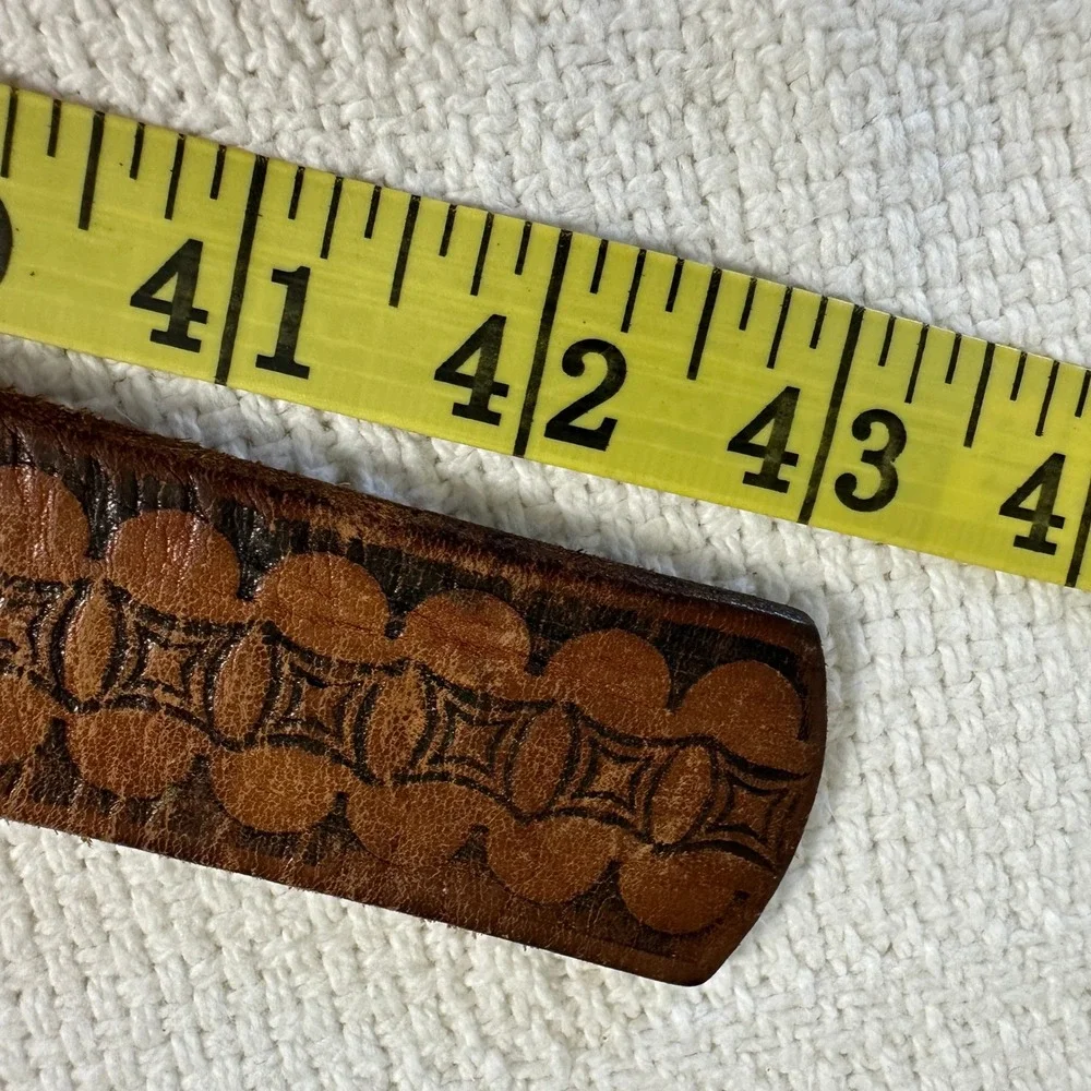 VTG 70s Tooled Leather Belt Steerhide Brown Boho Western Folk Artisan 38 USA‎